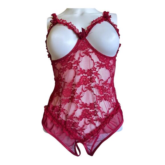 Erotic Red Lace Open Bust Hollow Out Open Crotch Bodysuit Sexy Lingerie - Picture 5 of 9